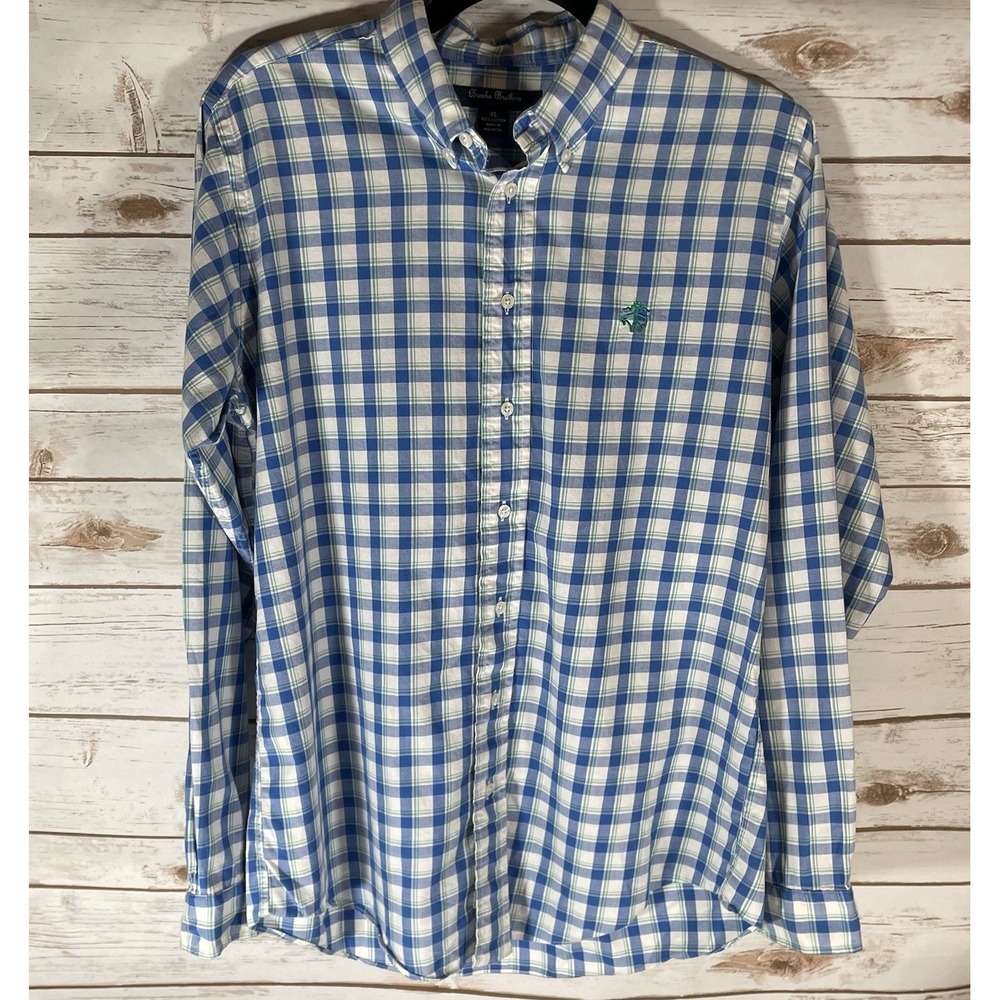 Brooks Brothers Boys' XL Plaid Button‎ Down Shirt Blue Green White Check